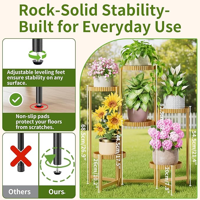 6 Tier Large Tiered Plant Stand Indoor, 7.9 Inch Wide Tall Corner Metal Plant Stands Outdoor for Multiple Plants, Folding Tall Flower Display Holder Rack Shelf for Patio Porch -GoldFloroma