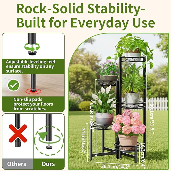 Plant Stand Indoor Garden Livingroon Corner Metal 5 Tier Multiple Flower Pot Holder Shelf Outdoor Furniture Black Circle