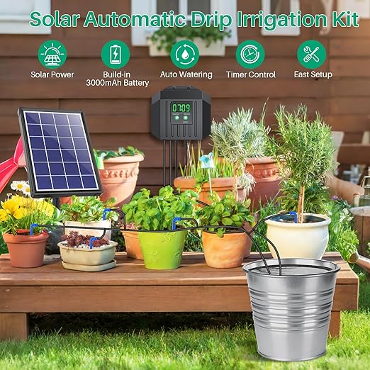 NFESOLAR 4W Solar Powered Automatic Drip Irrigation Kit with LCD Timer, Customizable Watering Duration 1–30min & Interval 3h–7d, Solar Irrigation System for 15 Potted Plants, Garden, Patio, Vacation