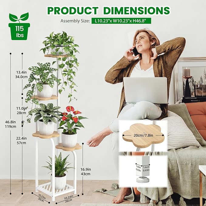 TOSKING 5 Tier Metal Anti-Tip Plant Stand indoor, Wide Base for Pots, Child and Pet Friendly ,Heavy Duty Plant Shelf , Corner Shelf, Flower Pot Stand for Multiple Plants, Indoor Plants Tiered Stand for Living Room Balcony Garden Patio Bedroom (White an...