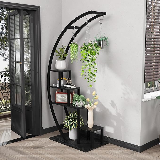 Patikuin 5-Tier Half Moon Metal Plant Stand Set of 2 – Tall Indoor & Outdoor Ladder Flower Shelf Rack with Hanging Hooks, Modern Multi-Tier Display for Living Room, Balcony & Garden