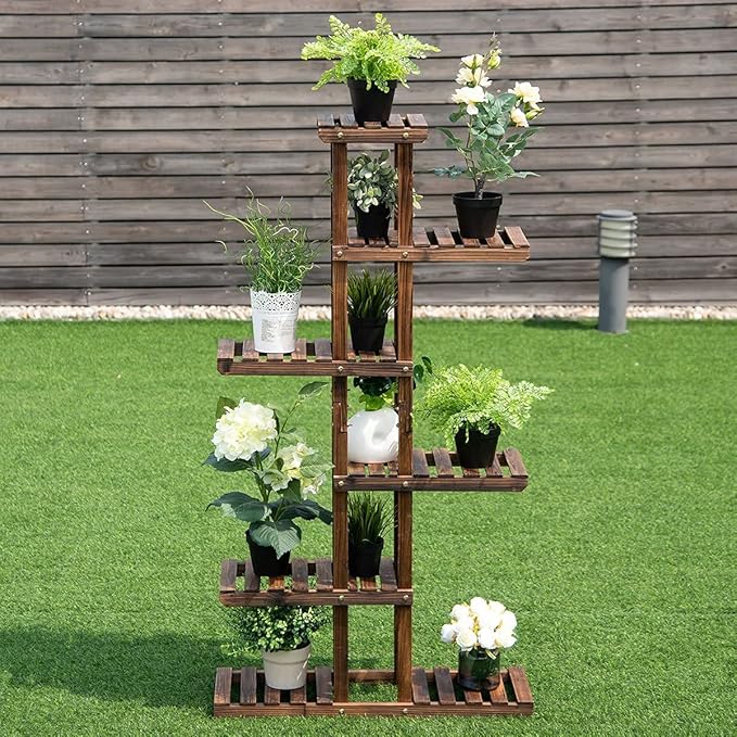 GRAFFY 6 Tier Flower Rack Wood Plant Stand, Flower Pot Holder 7 Shelves, Bonsai Display Shelf with Hollow Design, Multifunctional Storage Rack, Outdoor Indoor Flower Rack for Yard Garden Patio Balcony