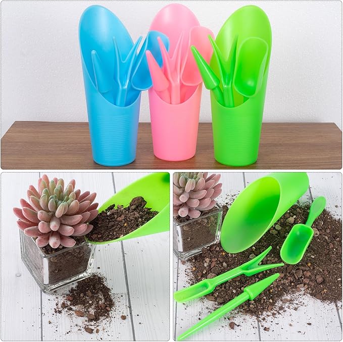 HINZIC 12pcs Garden Shovel Hand Tools Transplanting Succulent Cultivation Digging Scoops Kits Plastic for Flower Planting Bonsai Potting Soil Indoor(Pink Blue Green)