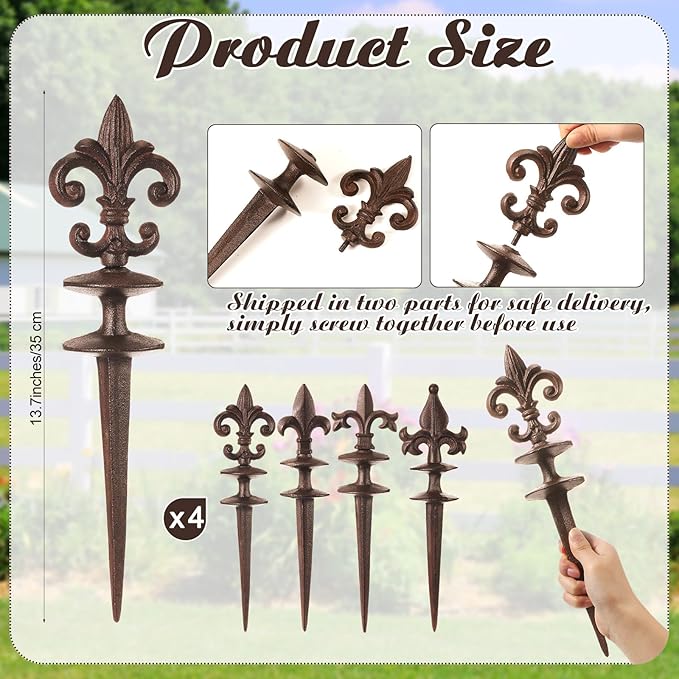 4 Pcs Antique Garden Hose Guide Spike, 13.7" Fleur De Lis Decorative Cast Iron Finial Stakes Heavy Duty Metal Plant Saver Tools Outdoor Hose Protection for Lawn Yard Patio(Rust,Assorted Styles)