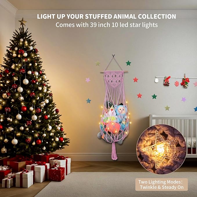Stuffed Animal Hammock Corner, 63 Inch Jumbo Macrame Ceiling Toys Net, Light Pink Wall Hanging Organizer Holder Plush Storage Display Net with Led Light for Nursery Playroom Kid Room Decor Gift