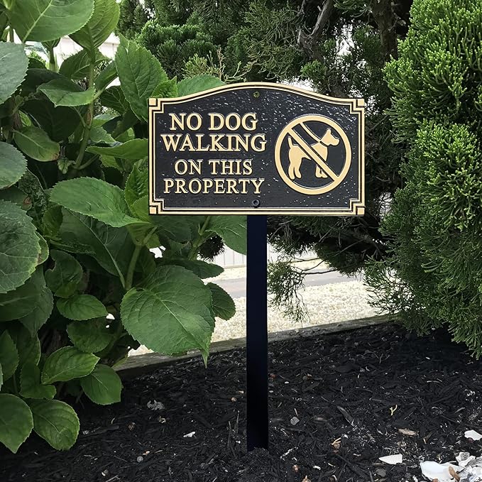 SmartSign “No Dog Walking On This Property” GardenBoss Statement Plaque | 5.75" x 9.5" Aluminum Plaque with 18" Black Lawn Stake, Made in USA