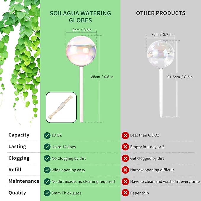 Soilagua 13 oz Up 2 Weeks Extra Large Plant Watering Globes, Iridescent Rainbow Glass Water Bulbs, Self Watering Planter Insert, Vacation Plant Watering Devices System, Automatic Plant Waterer, 2 Pack