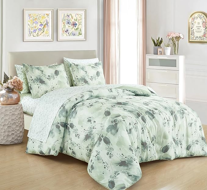 Chezmoi Collection Cristie 7-Piece Floral Bed in a Bag California King Comforter Set - Green Gray White Watercolor Floral Printed Microfiber Bedding Set