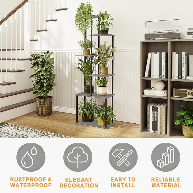 Plant Stand Indoor, 6-Tier Tall Plant Shelf Multiple Metal Wood Flower Pot Holder for Living Room Office Balcony Patio, Oak Grey