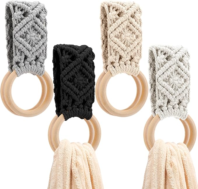 Tioncy 4 Pcs Kitchen Dish Towel Holder Mother's Day Gifts Boho Handmade Crochet Hanging Towels Loop Ring Knit Towel Hanger for Cabinet House Oven Stove Door, 4 Colors(Gray)