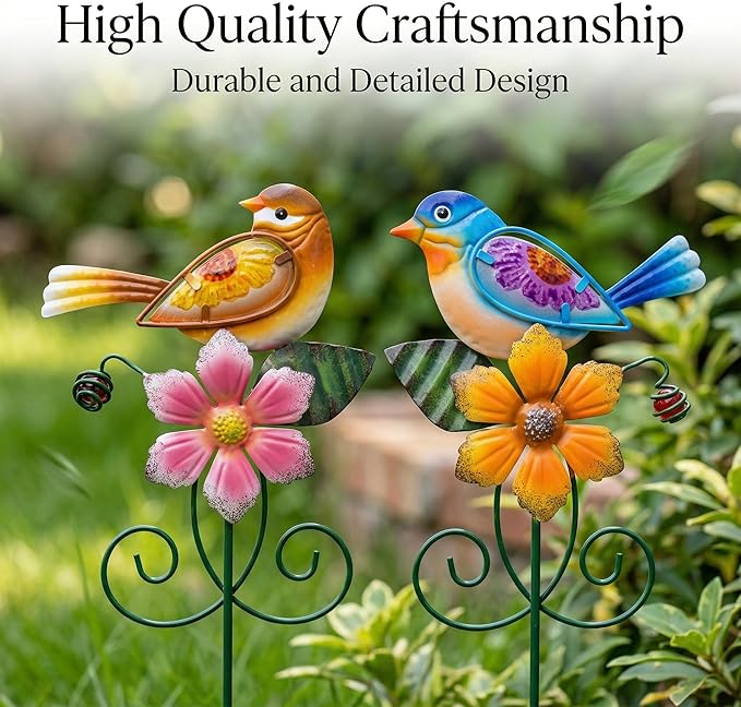Topadorn Floral Garden Stake Outdoor Plant Pick Water Proof Metal Flower Stick for Lawn Yard Patio,Pathway Ornament,Set of 2,Flower and Bird