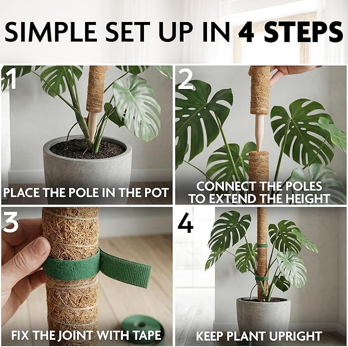 2 Pcs Small Moss Pole Monstera Plant Support Set - 15.75" Pothos Plant Climber Support with Connectable Design, Fixation Strip, Coconut Fiber Moss Poles for Monstera Plants, Money Plants, Philodendron