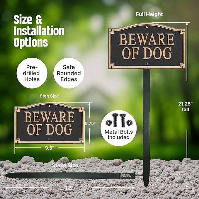 SmartSign Designer Beware of Dog Plaque/Marker/Sign with Stake 18" Tall | 5.75" x 9.5" Aluminum Metal Sign for Yard/Lawn, Gold & Black, Alumi-Shield Coating, Made in USA