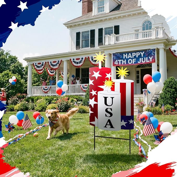 Amyhill 4th of July Outdoor Decor Patriotic Garden Stake 250th Anniversary Metal USA Firecracker Welcome Yard Sign, Red White Blue Decor for Independence Patio Lawn Walkway Outdoor Decorations