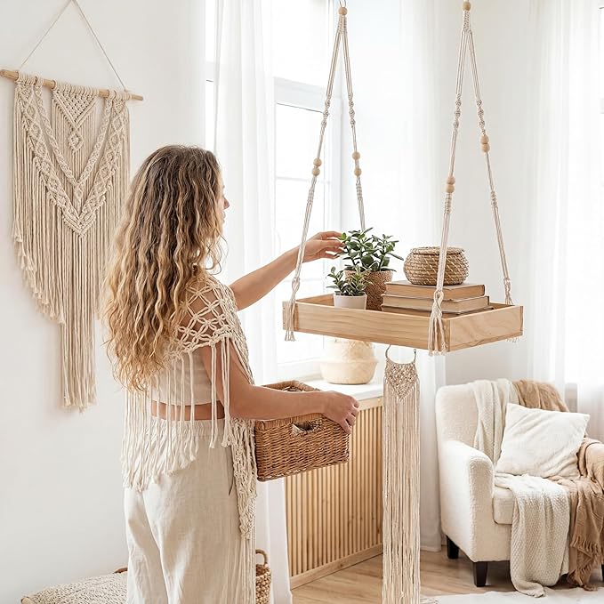Novabright 2 Pcs Window Hanging Plant Shelf with Macrame Adjustable Rope, 16" Large Wooden Plant Hanger Indoor with Metal Frame, Load 50lb, Suit for Window Ceiling Wall Mount Boho Decor