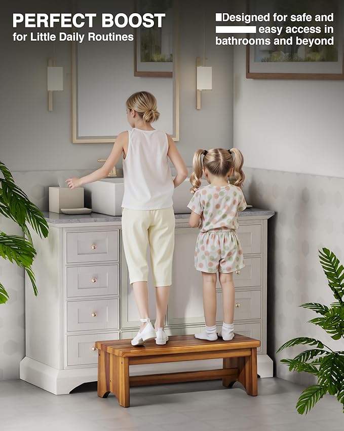 FANATU Extra Wide 26in Wooden Step Stool, Heavy Duty One Step Stool for Adults and Seniors, Holds Up to 550 lbs, Reinforced Cross Bar, Non-Skid Surface, Multipurpose Use for Kitchen, Bathroom, Bedroom