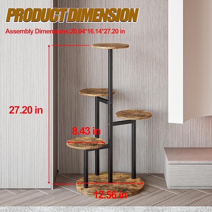INGIORDAR Plant Stand Indoor Outdoor Corner Plant Shelf for Multiple Flower Pots Flower Stand Holder for Patio Garden Balcony Living Room (Black+Rustic Brown, 5 Tier)