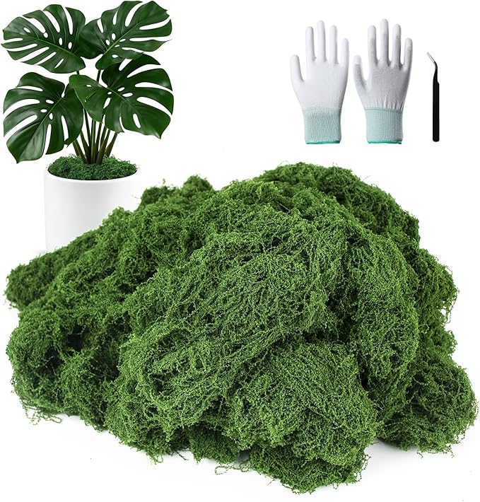 MGLIFEUL 1.5 LBS Artificial Fake Moss for Crafts Plants Indoor with Non-Stick Gloves and Tweezers，Preserved Green Plant Faux Craft Moss Musgo for Fairy Garden Outdoor Home Decorating Model Making