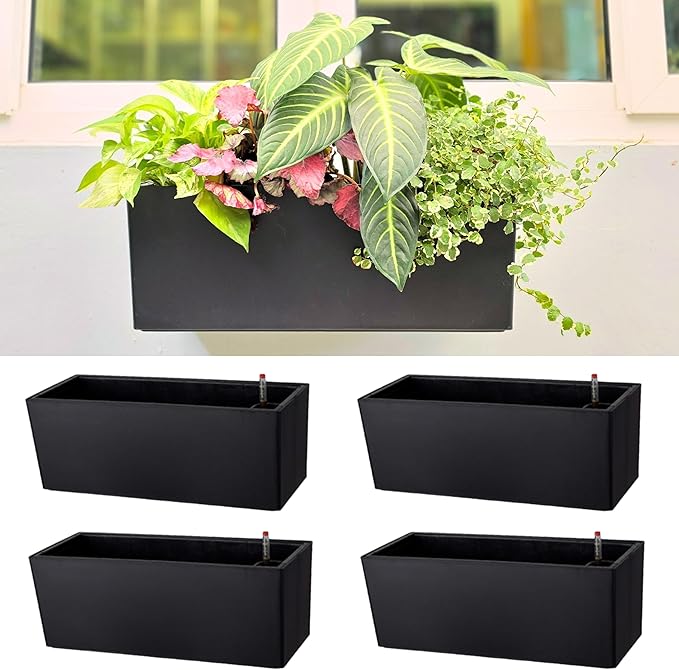 LaLaGreen Wall Planters for Outdoor (14 Inch, 4 Pack) Black Self Watering System Hanging Planter Box Flower Pot, Rectangular Wall Mount Indoor Vertical Living Garden Decoration Window Sill Herb Trendy