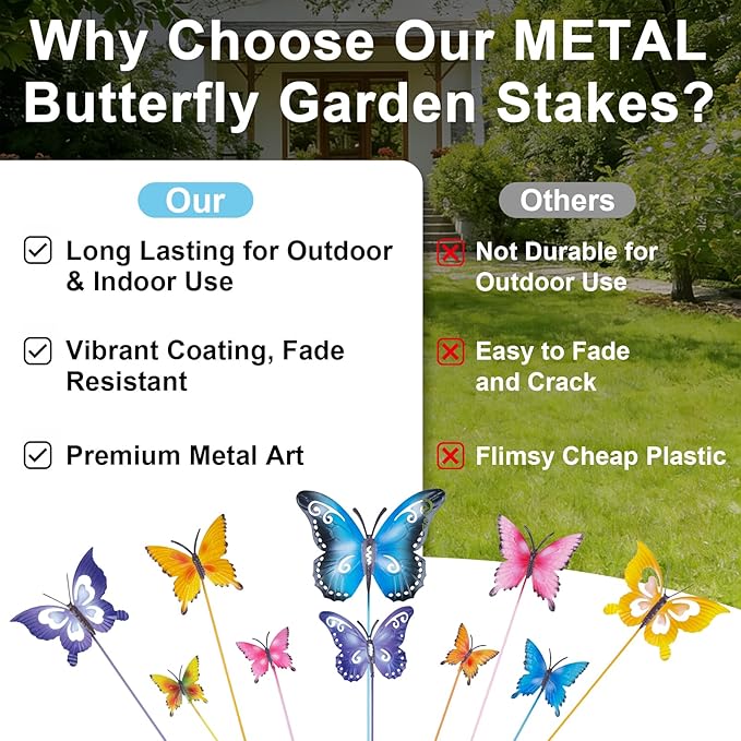 hogardeck Garden Decor for Outside, Set of 10 Metal Butterfly Decorative Garden Stakes for Spring Decor, Yard Art Garden Decorations for Outdoor Lawn Pathway Patio