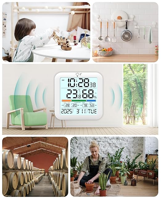 Mini Digital Indoor Thermometer Hygrometer Clock, Room Temperature Humidity Monitor with Calibration, Backlight, Air Comfort Indicator, 24H Max Min Record, Time, Alarm for Home (Size：3.2"x 3.2")