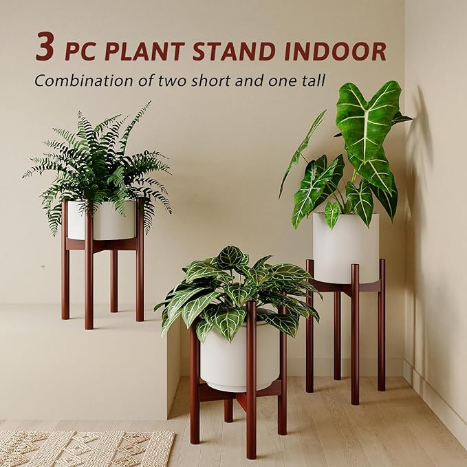 GENTINGBRO Adjustable Plant Stand Indoor, Bamboo Plant Holder 8 to 12 Inches, 3 Pack Single Floor Plant Stand for Living Room Balcony Bedroom, Reddish Brown