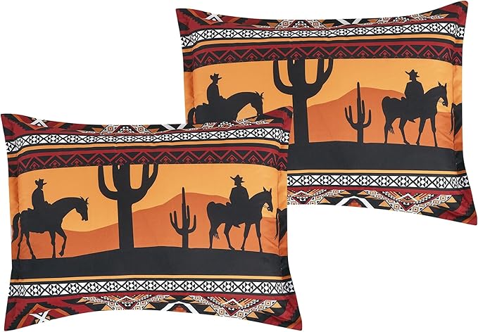 Chezmoi Collection Barrett 3-Piece Southwestern Sunset Cowboys Comforter Set - Multicolor Red Orange Black White Printed Washed Microfiber Bedding, Full