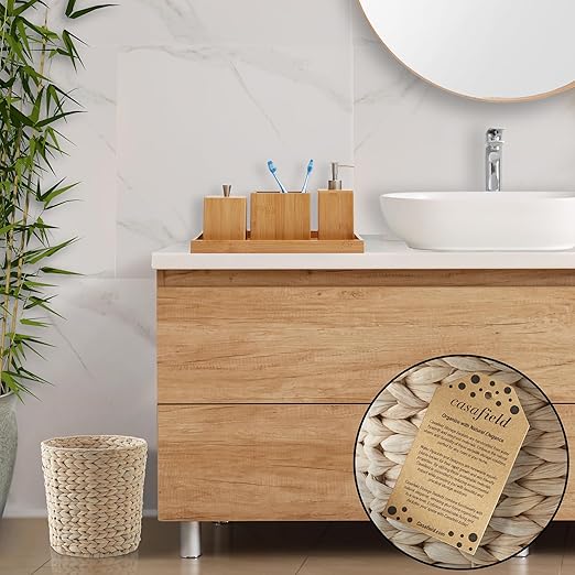 Casafield Water Hyacinth Waste Basket - Whitewash White, Woven Wicker Trash Can for Bathroom, Bedroom, Laundry Room, Home Office