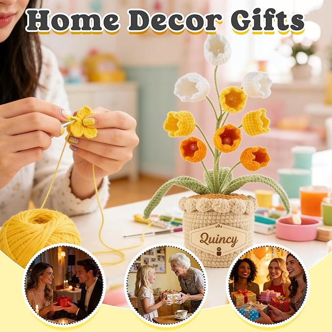 Crochet Flowers with Personalized Leather Name Tag Handmade Knitted Flowers for Home Office Desk Decor Crochet Lily of the Valley Flower Pot for Women,Teachers, Birthday Crochet Gifts(Yellow)