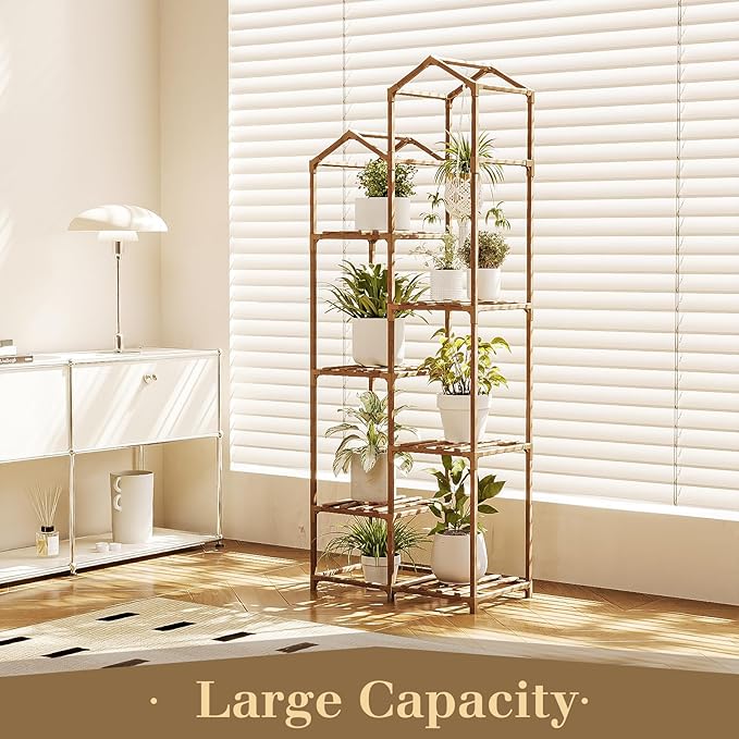 Bamworld Roof Shaped Plant Stand Indoor Outdoor 6 Tier Tall Large Wood Plant Shelf Multi Tier Flower Stands Garden Shelves Wooden Plant Display Holder Rack for Living Room Corner