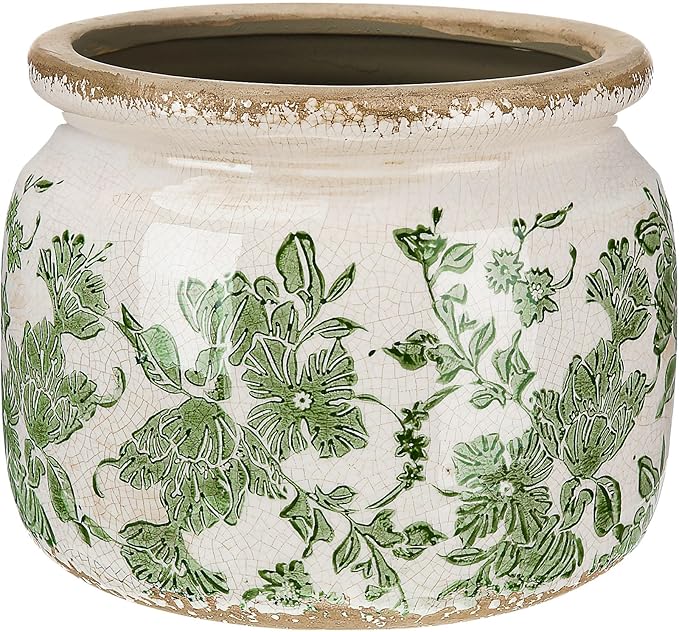 4.7" Small Ceramic Plant Pot Beige Green Vintage Floral Crackle Glaze Rustic Flowers Pot Decorative Planter with Drainage for Indoor Outdoor Plants Home Kitchen Office Decor Gift
