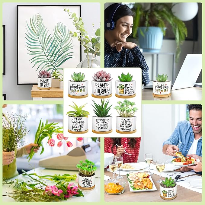 6 Pcs Funny Succulent Plant Pot Cute Christmas Teacher Gifts Box Set Plant Pot with Bamboo Tray Ceramic Funny Planter Succulent Accessories for Women Teacher Christmas Birthday Gifts (Cute Style)