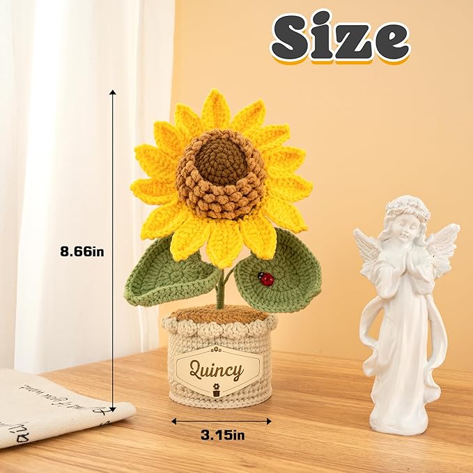 Crochet Flowers with Personalized Leather Name Tag Handmade Knitted Flowers for Home Office Desk Decor Crochet Sunflower Potted Plant for Women,Mother,Teachers, Birthday Crochet Gifts(Yellow)