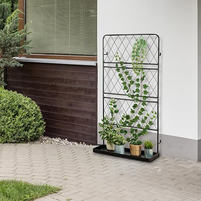 MyGift 4.5 ft Tall Garden Trellis Stand for Climbing Plants, Wall Mounted or Freestanding Black Metal Wire Diamond Lattice Plant Support Frame with Bottom Tray Planter Holder