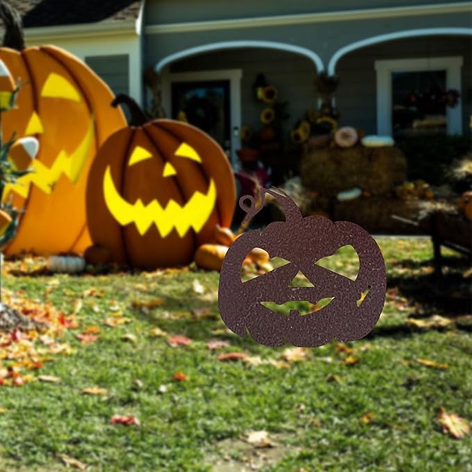 Halloween Garden Stake Rusty Funny Pumpkin Pattern Halloween Party Yard Metal Decor Gifts for Day of The Dead,Purple Copper