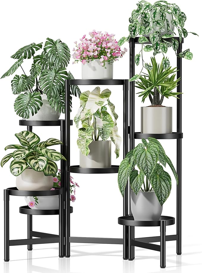 Black Stand Plants, Metal Tiered Plant Stands Indoor, 8 Tier Corner Flodable Plant Stand Outdoor Planter Flower Pot for Multiple Plants, Floding Display Racks for Patio Porch Balcony