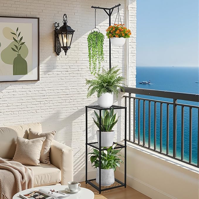 3 Tiered Hanging Plant Stand Indoor outdoor, Corner Plant Flower Stand for Multiple Plants, 67" Tall Plant Rack for 5 Potted Flowers,Plant Shelf for Living Room, Balcony, Patio, Garden, Square Black Metal