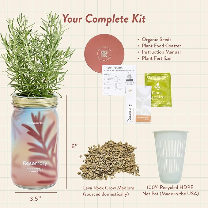 Modern Sprout Mason Garden Jar - Self-Watering Hydroponics Growing System Kit with Organic Herb Seeds - Jar Planter for Indoor Herb Garden - Seed Starter Kit - Home Decor & Gifting - Rosemary