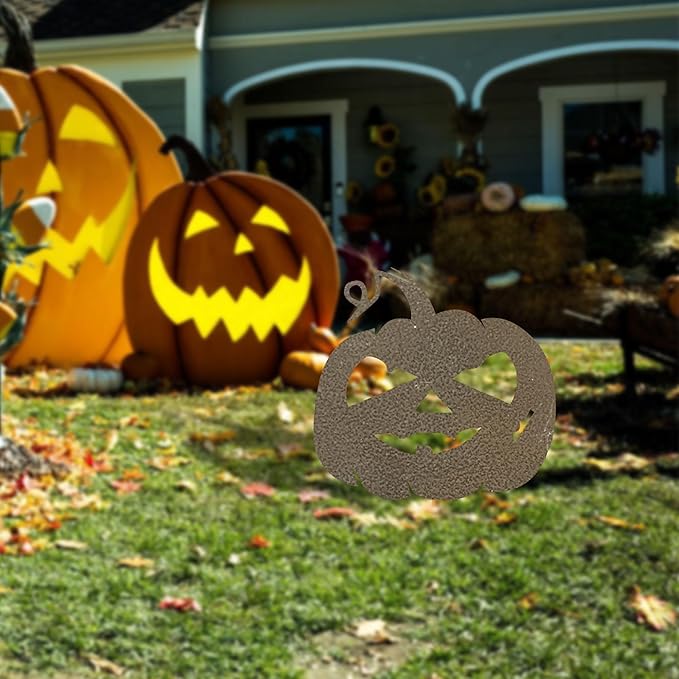Halloween Garden Stake Rusty Funny Pumpkin Pattern Halloween Party Yard Metal Decor Gifts for Day of The Dead,Brass