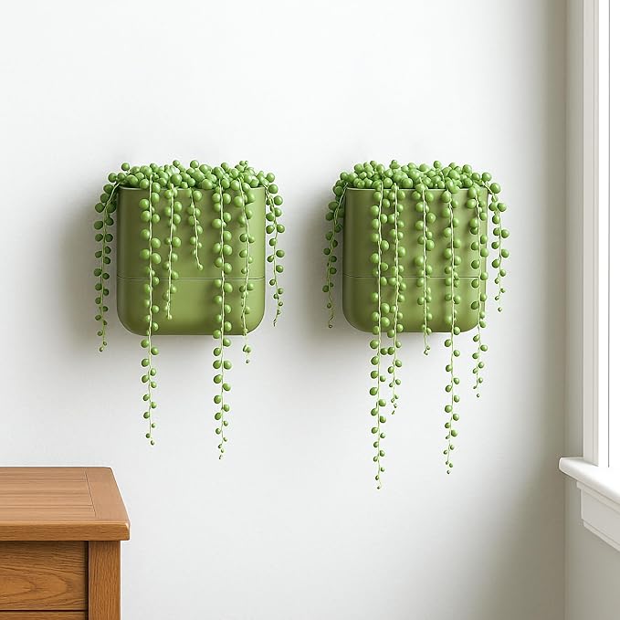 Phoenix Vine 6.5 Inch Wall Mounted Self-Watering Planter Pot for Indoor Houseplants and Herbs | Hanging Planter for Window Sills, Bathroom Walls, Home & Office Décor, Olive, Set of 2, 01-C-F-2