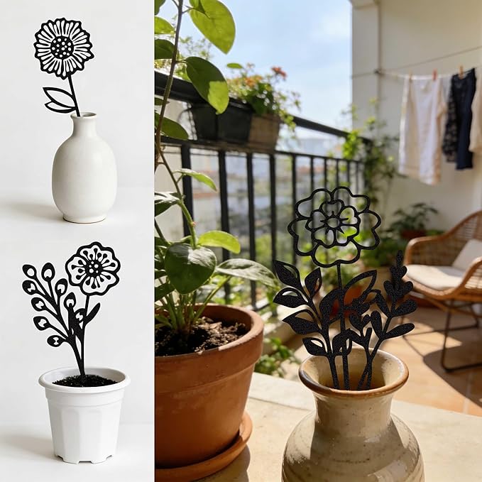 Black Metal Flowers Set of 6 Decorative Garden Stakes Yard Art, Garden Decorations Outdoor Metal Plant Stakes, Flower Bed Decor Garden Art, Plant Decorations for Pots and Flowers for Vase