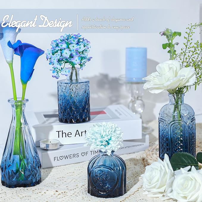 TBWIND 24Pcs Blue Glass Bud Vases Set, Small Vases for Flowers, Perfect for Centerpieces at Parties, Baby Showers, Weddings, Events, Graduation Season, Great Gifts for Office & Home Décor