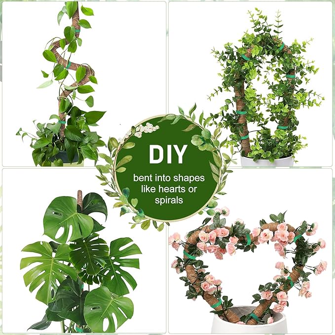 Moss Pole Monstera Plant Support, 2 Ft, 2 Pack Sustainable Coir Bendable Moss Pole Stakes, Plant Sticks for Climbing Vines, Pothos, Potted, Comes with Velcro Tape and Hemp Rope