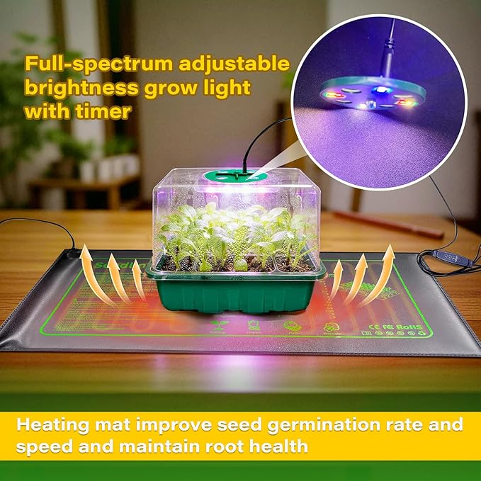 KEOHOLI Seed Starter Kit with Grow Light and Heat Mat, 6 Pack 12-Cell Seedling Trays with LED Panels, Adjustable Timer & Dimmer Indoor Plant Propagation Station for Herbs, Vegetables, Flowers
