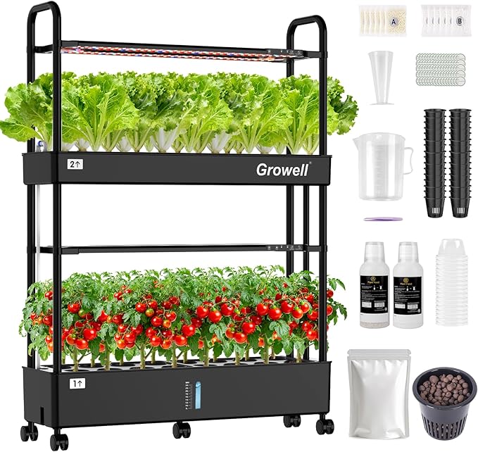 Growell Large Basket Hydroponics Growing System Kit, 32 Pods Vertical Hydroponic Garden with 2 Grow Light Modes, Auto Circulating Water System, 32L Indoor Gardening System for Herb Vegetable Fruit