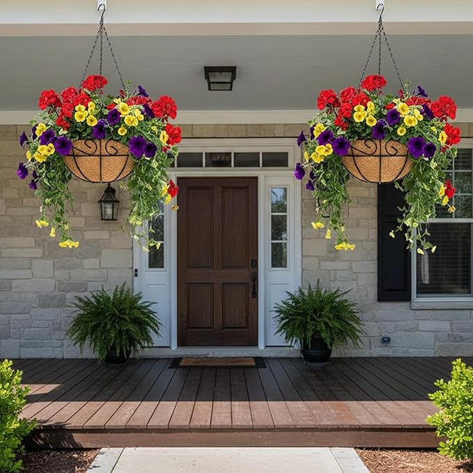 Metal Hanging Planters Basket Set of 2 Outdoor with Coco Fiber Liners Chain Hanging Basket Suitable for Vegetables Flower Heavy Duty Round Plant Holder Garden Balcony Patio Deck Porch Decor
