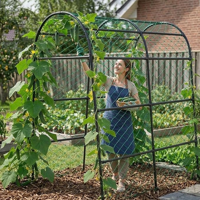 Large Garden Arch Trellis for Pumpkins, Extra Tall Heavy Duty Plant Trellis with Thick Plastic-Coated Steel Tubes, Easy-Connect Assembly, Includes Net, Ties & Gloves for Outdoor Vegetable Gardens