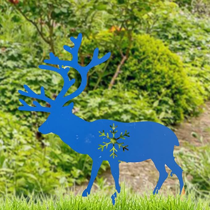 Deer Garden Stake Rustic Elk Moose Outdoor Decor Yard Art Ornament Country Hunting Theme Weathered Wildlife Metal Decor, Royal Blue