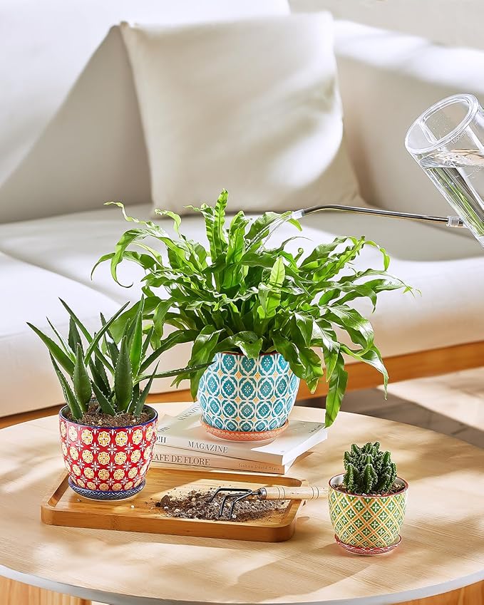 Metahom Ceramic Plant Pots, 5.8 Inch Flower Pots for Indoor Plants, Colorful Planters with Drainage Hole & Saucer, Garden Planters for Succulent, Orchid, Cactus, Home Decor, Set of 4