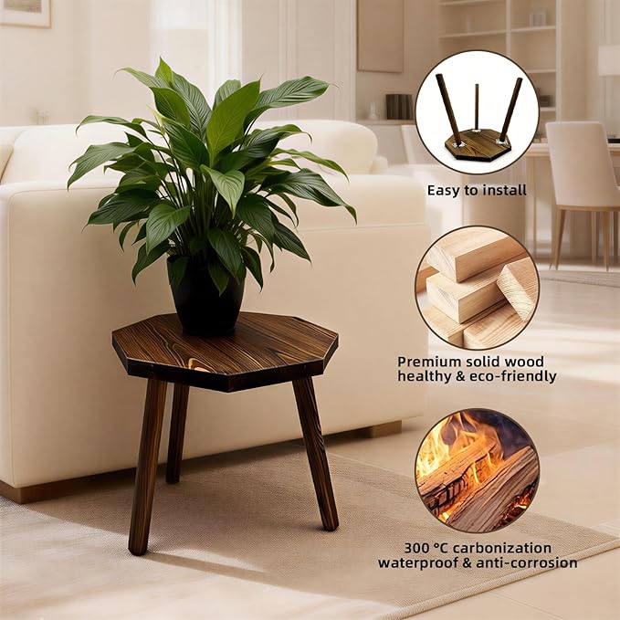 Plant Stand for Indoor Outdoor, 12x12in Large Octagon Wooden Plant Stand, Mid Century Modern Boho Stool for 5-15 Inch Pots, Sturdy Planter Stands